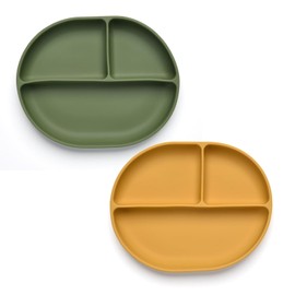 Imagination Junction Elliptical three-grid silicone dinner plate, 100% food-grade silicone material, with suction cups at the bottom, can be placed in microwave oven (Yellow, green)