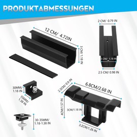 BOSYTRO PV Bracket Mounting Set, Solar Module Bracket for 2 x Modules, 12 cm Black Rail + Solar Panel Water Drain Clips 30 mm + Adjustable Clamp for 30-35 mm Thick Modules for Flat Roof Trapezoidal