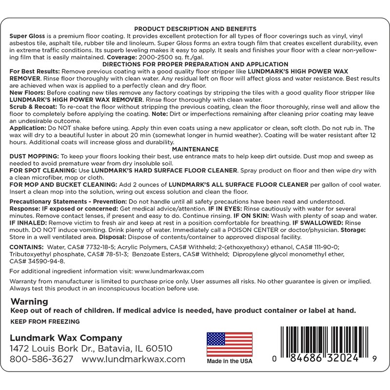 Lundmark Super Gloss Acrylic, Extra Heavy-Duty Hard Finish Floor Wax,