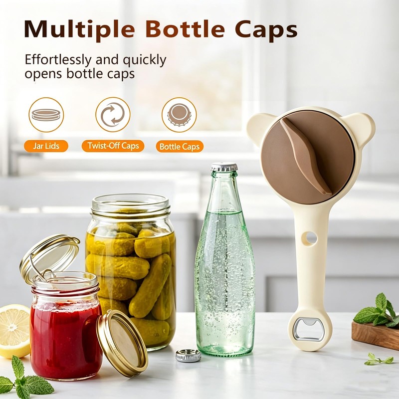 Adjustable Jar Opener with 3-Claw Grip and Bottle Opener
