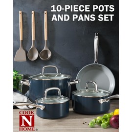 Cook N Home Pots and Pans Set Non Stick, 10-Piece Hard Anodized Nonstick Ceramic Cookware Set, Induction Cookware Cooking Set with Stay-Cool Handles, Nylon Kitchen Utensils, Blue