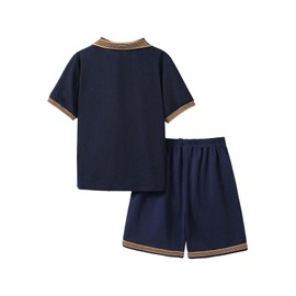 Floerns Boy's 2 Piece Outfit Striped Trim Short Sleeve Shirts and Shorts Set Dark Blue 11Y