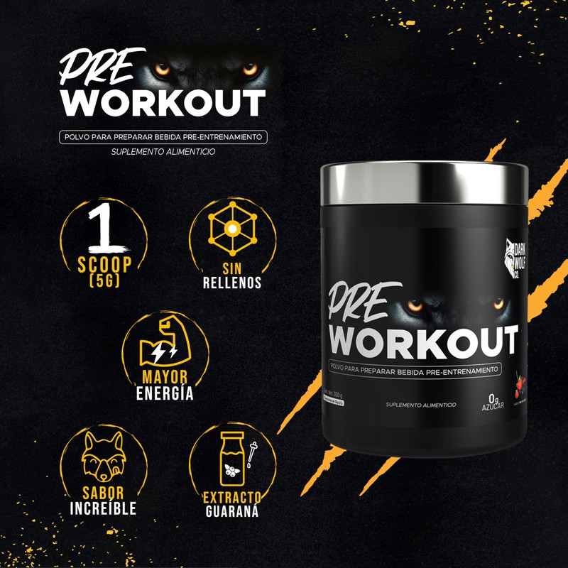 Polvo pre entreno Dark Wolf 300 g - 30 Porciones,
