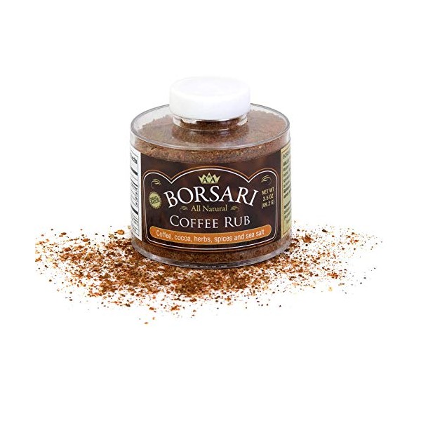 Borsari Coffee Seasoning Rub - Gourmet Seasoning Rub with Coffee and Cocoa - Gluten Free All Natural Multi-Purpose Seasoning For Barbecue Rubs and Sauces - 3.5 oz Shaker Bottle