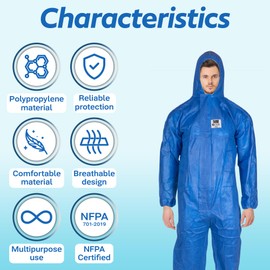 ATERET Disposable Coveralls I 25 Pack, Blue I Protective Suit, Fire Retardant, Full Body Suit w/Attached Hood for Oil & Gas