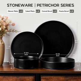 Onader Plates and Bowls Sets 16 Piece Stoneware Dinnerware Set for 4 Black Ceramic Dish Dinner Set with Pasta Bowl Kitchen Dishware Dining Ware - Ebony Black