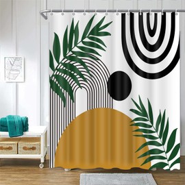 Mid Century Abstract Shower Curtain Modern Aesthetic Sun Lines Tropical Green Plant Leaves Rainbow Minimalist Semicircle Bath Curtain Decoration Waterproof Fabric Set 12 Hooks 72x72 Inches