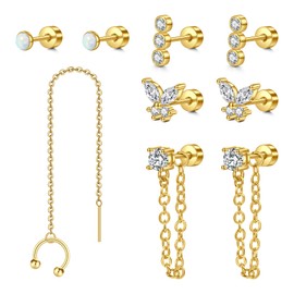 Longita Flat Back Earrings Gold Cartilage Earring Flat Back Stud Earrings Flatback Stud Earrings 20 Gauge Tragus Helix Cartilage Earrings Screw Back Earrings for Women Earrings with Chain Trendy