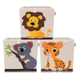LIFENEY Storage Box in Set of 3 Koala, Lion and Tiger I Pack of 3 Toy Box with Animal Motif Suitable for Cube Shelves I Organiser Box for Children's Room I Storage Basket Children