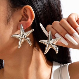 Inateannal Boho Large Starfish Earrings Gold Starfish Earrings Metal Starfish Stud Earrings Exaggerated Large Star Earrings Summer Beach Starfish Earrings Jewellery for Women, Zinc, No Gemstone