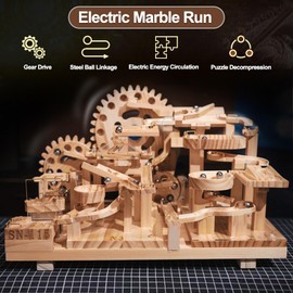 Losbenco Wooden Marble Run Electric Motorized, Electric Marble Run Brain Teaser Wooden Puzzles Building Toy with 46 Blocks and 23 Marbles, 3D Wooden Puzzles Kit for Adults and Kids to Build