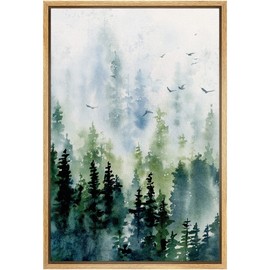 SIGNWIN Framed Canvas Print Wall Art Woodland Nursery Decor Watercolor Pastel Pine Tree Bird Sky Nature Modern Art Decorative Landscape Colorful for Living Room, Bedroom, Office - 16"x24" Natural