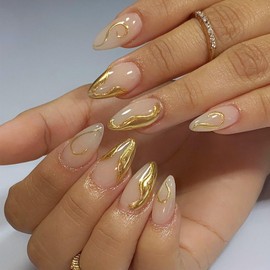 3D Gold Curve Line Press on Nails 24Pcs Irregular Lines Acrylic Medium Almond Fake Nail Glossy French Tips False Nails Vine Stick on Fingernails Curve Gel Glue on Nail for Coquette Women Girls