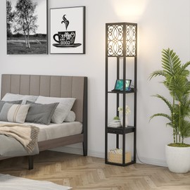 Tangkula floor lamp with Shelves and Drawer, Modern with 1 Power Outlet and 2 USB Ports, Standing for Living Room and Bedroom, Black (Carved)