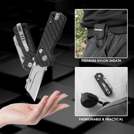 VIRENKNIFE Utility Knife,Pocket Knife，Quick Change Blade Razor Knife with Rail Lock, Folding Box Cutter with Pocket Clip and Nylon Sheath for Everyday Carry (Carbon Faced)