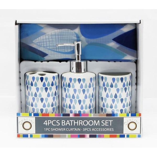 Opaline Blue Teardrops Raindrops Design 4 Piece Ceramic Bath Ensemble with, Shower Curtain, Lotion Dispenser, Toothbrush Holder & Tumbler