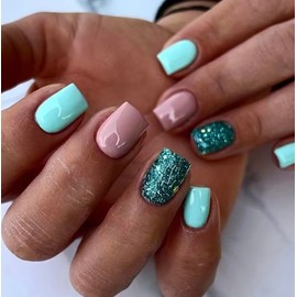 24 Pcs Teal Green Medium Square Press-On Nails with Glitter - Glossy Holiday False Nails For Women And Girls.