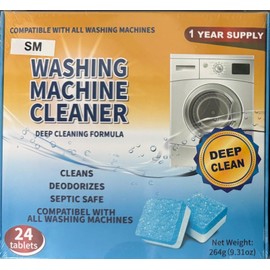 SM Washing Machine Cleaner 24 Pack - Deep Cleaning Tablets For HE Front Loader & Top Load Washer, Septic Safe, Clean Inside Drum and Laundry Tub Seal - 1 year Supply,