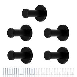 HERKINDNESS Towel Hooks, Black, Pack of 5 Towel Hooks, Matte Black, Simple European Style Coat Hooks, Black, Towel Hooks for Drilling for Kitchen, Bathroom and Bedroom