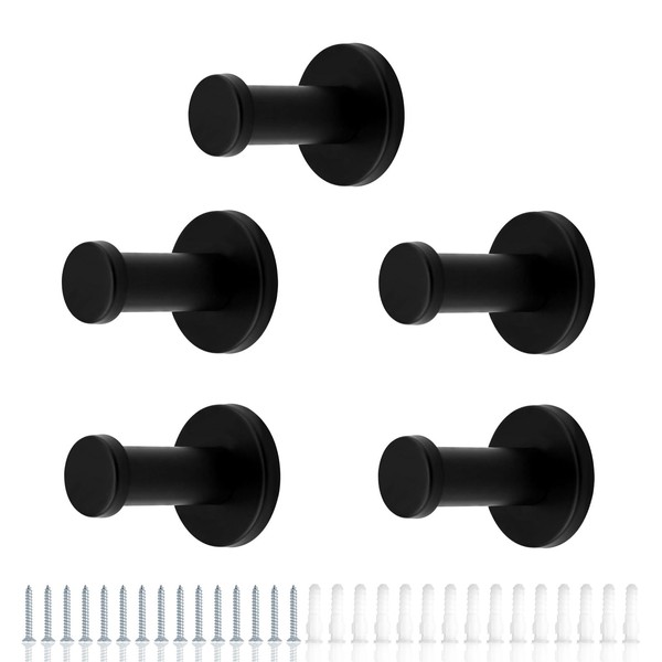 HERKINDNESS Towel Hooks, Black, Pack of 5 Towel Hooks, Matte