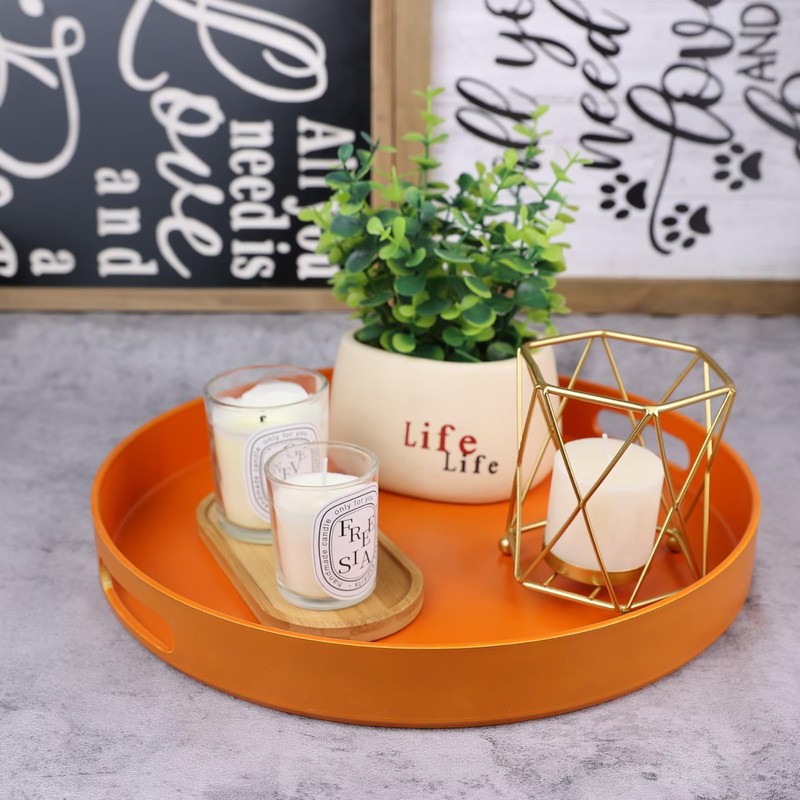 SforGUVA Round Orange Decorative Serving Tray with Handles, 13” Versatile