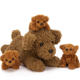 MorisMos Dark Brown Dog Cuddly Toy XXL with 3 Babies in Belly 47 cm Large Dog Plush Toy Stuffed Toy Cuddly Toy Birthday Christmas Gift