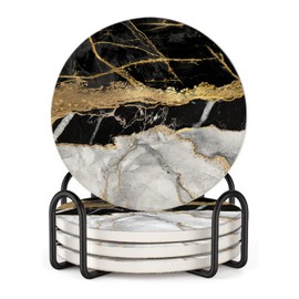 Black and Gold Marble Style Coasters with Holder,Absorbent Coaster Sets of 4,Cork Base，Ceramic Drink Coaster for Tabletop Protection,Suitable for Kinds of Cups,Wooden Table,4 Inches