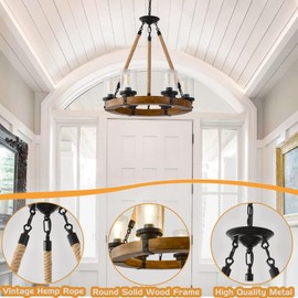 Farmhouse Wagon Wheel Chandelier 6-Light, Round Wood Chandelier with Seeded Glass Shade, Rustic Wood Chandeliers Hanging Pendant Light for Dining Room Living Room Kitchen Foye