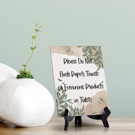 Please Do Not Flush Paper Towels Or Feminine Products in Toilets Table Sign with Green Leaves Design (6 x 8)