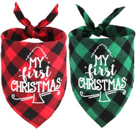 2 Pack My First Christmas Dog Bandana - Classic Plaid Pets Scarf Triangle Bibs Merry Christmas Santa Costume Accessories for Small, Medium & Large Dogs & Cats
