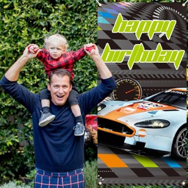 Car Racing Happy Birthday Backdrop Banner Race Car Competition Theme Party Door Decor Exciting Racing Game Checkered Flag Men Boys Birthday Party Favors Decorations Supplies 35.4x72.8in-BECKTEN