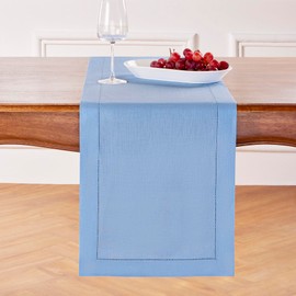 Solino Home Linen Cornflower Blue Table Runner 90 Inches Long - 100% Pure Linen Classic Hemstitch Dining Table Runner 14 x 90 Inch Ideal for Wedding, Parties