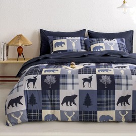 Wake In Cloud - Rustic Comforter Set, Cabin Christmas Lodge Western Country Bear Deer Moose Woodland RV Outdoor Theme, Soft Lightweight Bedding, 3 Pieces, Blue Beige, Queen Size