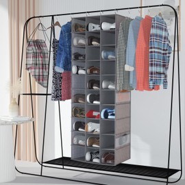 coastal rose Hanging Shoe Organizer, 30 Sections Hanging Shoe Organizer for Closet with 6 Mesh Pockets, Space Saving Hanging Shoe Rack, Grey Closet Shoe Organizer
