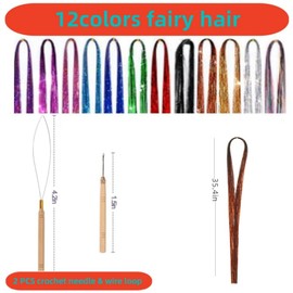 HIDOSNG Fairy Hair Tinsel Kit, Hair Tinsel Strands Kit With Tools, 12 Colors 2400 Strands Sparkling Party Tinsel Hair Extensions Highlights Multi-Colors Synthetic Hair Streak Bling For Women Girls 90cm