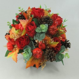 Artificial/Silk Flower Arrangement in Grave pot, 27cm in warm autumn shades with red roses and autumn leaves