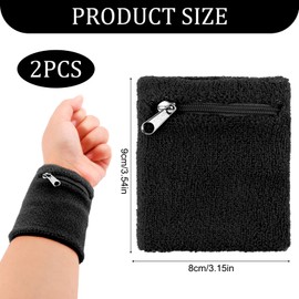 2 Pcs Schweißband mit Reißverschluss, Sweatband Sports Wristband, Schweißband mit Tasche,Thickened Cotton Wrist Bag, Schweißband Handgelenk mit Reißverschluss für Basketball Fußball & Fitness, Schwarz