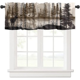JanJCurt Retro Deer Valance, Foggy Forest Mountain Rustic Farmhouse Animal Deer Nature Woodland Lake Scenery Blackout Short Window Treatments for Living Room Bedroom Kitchen, 54x18inch