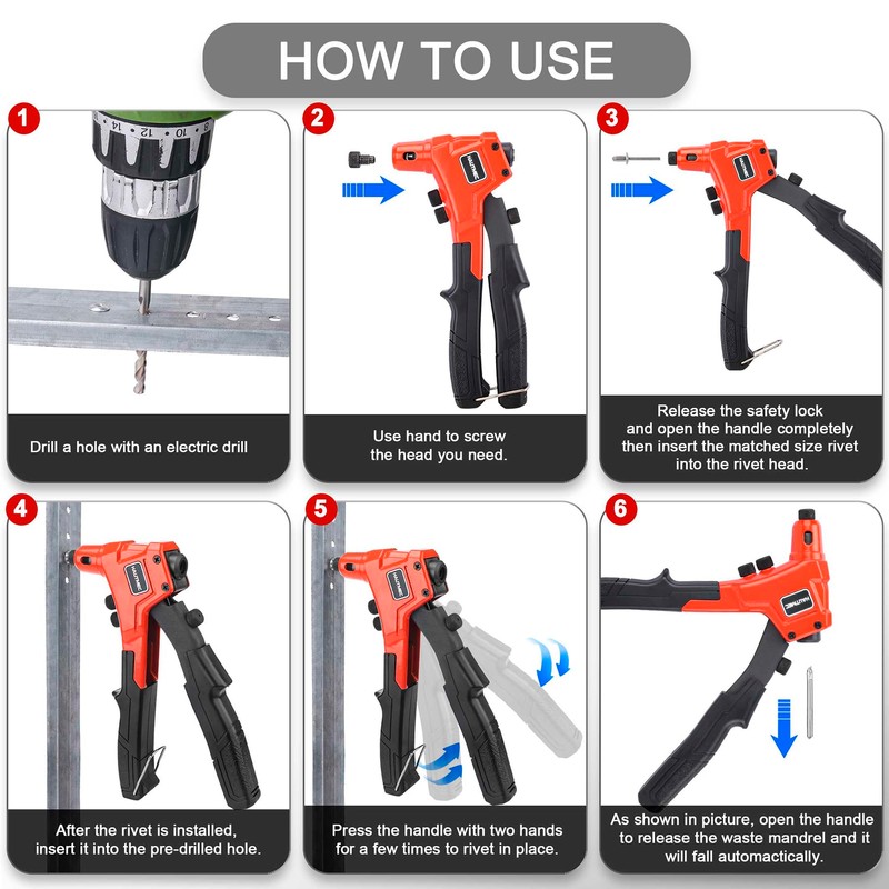 HAUTMEC 4-in-1 Rivet Gun,8" One-Handed Riveter with 4 Tool-Free Interchangeable
