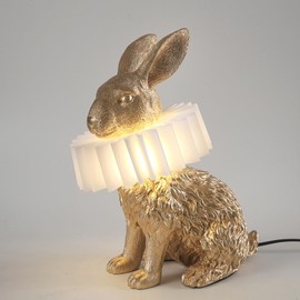 LAZHUG Scarf Rabbit Table Lamp,Resin Crafted Gold Bunny Lamp Featuring White Pleated PC Lampshade,USB Plug,Energy-Efficient Nightstand Lamp (Gold Sitting)