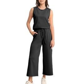 SeeLuNa Womens 2 Piece Outfits Sleeveless Tunic Tank Top Drawstring High Waist Wide Leg Pants Lounge Sets for Women Tracksuit(Black,S)