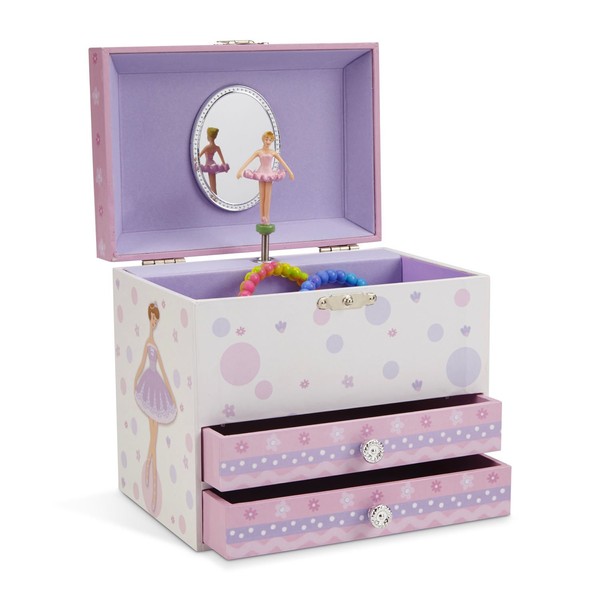 Jewelkeeper White and Purple Ballerina Musical Jewelry Box with 2 Pullout Drawers, Swan Lake Tune