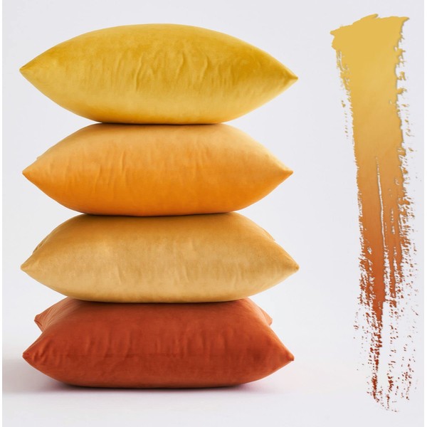 MIULEE Set of 4 Velvet Cushion Covers Soft Decorative Square Throw Pillow Cover Luxury Pillowcases for Livingroom Sofa Bedroom with Invisible Zipper 45cm x 45cm,18x18 Inches Orange Series