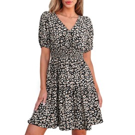 Dokotoo Wedding Guest Dresses for Women 2025 Summer Outifits Deep V Neck Elegant Tie Sun Dress Lantern Sleeve Shirred Elastic Waist Beach Dress A-Line Ruffle Hem Cocktail Dresses Flower Print Large