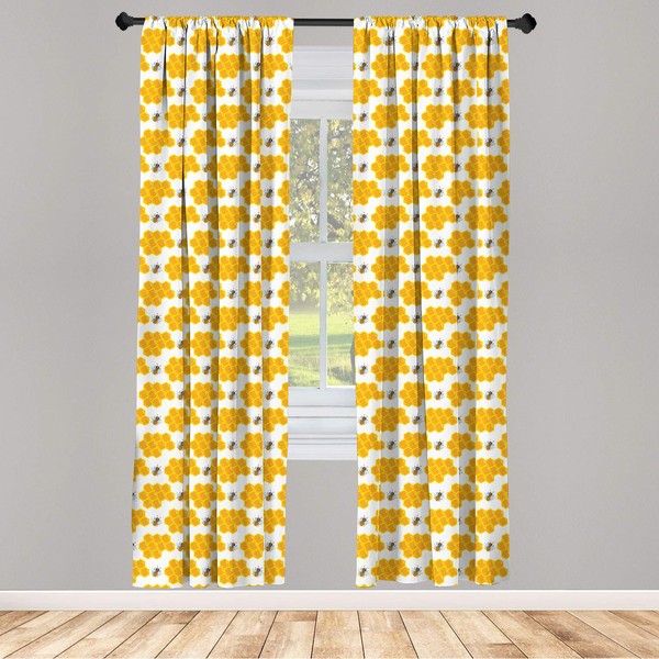 Ambesonne Cartoon Window Curtains, Bumble Bee Along Honey Comb Pattern Hexagonal Themed Illustration, Lightweight Decor 2-Panel Set with Rod Pocket, Pair of - 28" x 84", Orange White