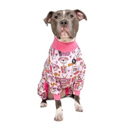 Pittie Clothing Pit Bull Pajamas, Full Coverage Onesie, Lightweight Material, Pink Pitflix, Large, Pajamas for Dogs