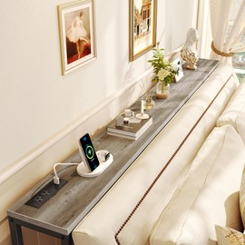 SUPERJARE 70 Inch Console Table with Outlet, Narrow Entryway Table for Living Room, Oak