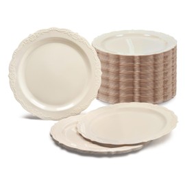 " OCCASIONS " 240 Plates Pack, Disposable Wedding Party Plastic Plates (10'' Dinner Plate, Verona Plain Ivory)