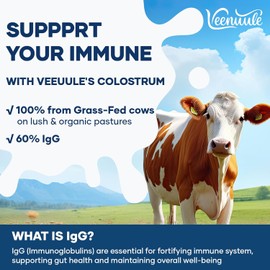 Veenuule Colostrum Powder Supplement, New Formula with 60% Natural IgG (Immunoglobulins), Grass Fed Cow Colostrum, Non-GMO, Unflavored 50 Servings
