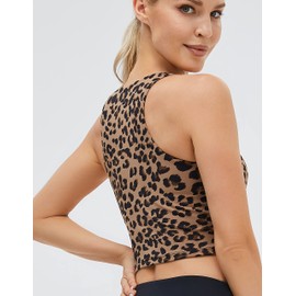 Women's High Neck Crop Top Sleeveless Racer Back Basic Workout Tank Tops Shirt Khaki Leopard M